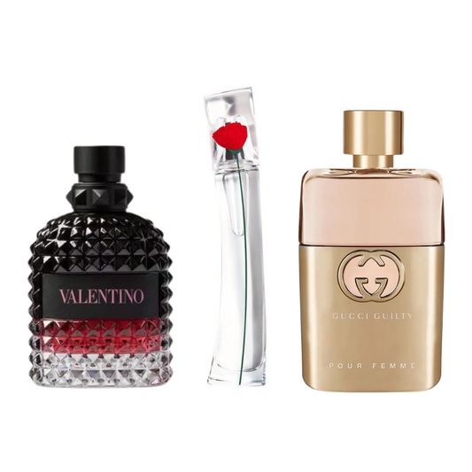 Combo promozionale di 3 profumi Gucci Guilt, Valentini Intense, y Flower Kenzo 100ml