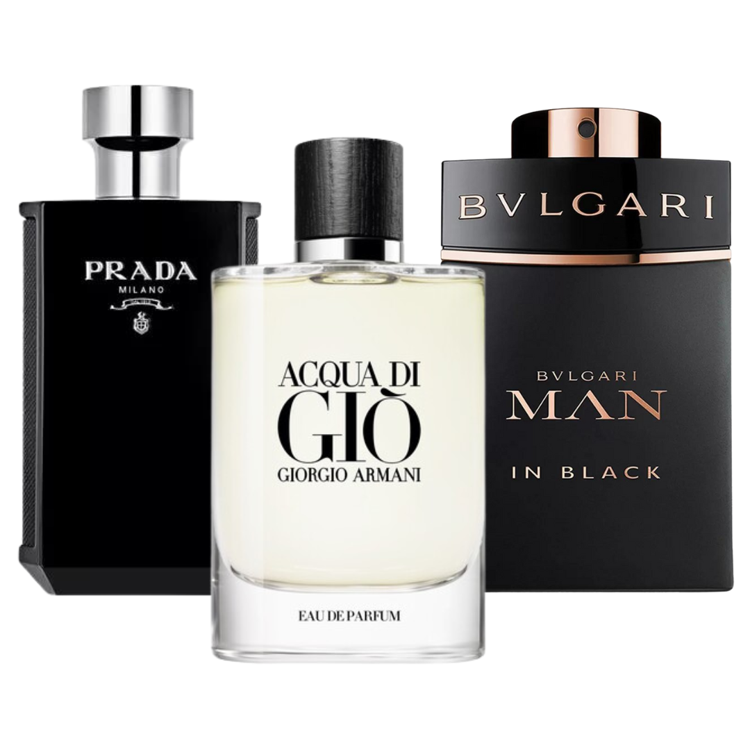 Combo promozionale di 3 profumi Bvlgari In Black, Giorgio Armani Acqua Di Gio, y L'Homme Prada Intense 100ml