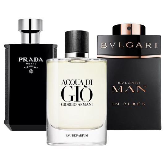 Combo promozionale di 3 profumi Bvlgari In Black, Giorgio Armani Acqua Di Gio, y L'Homme Prada Intense 100ml