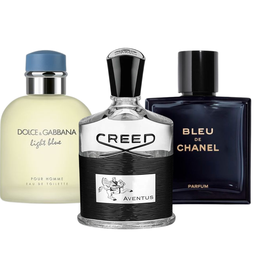 Combo promozionale di 3 profumi Bleu de Chanel, Creed Aventus, y Light Blue Dolce Gabbana 100ml